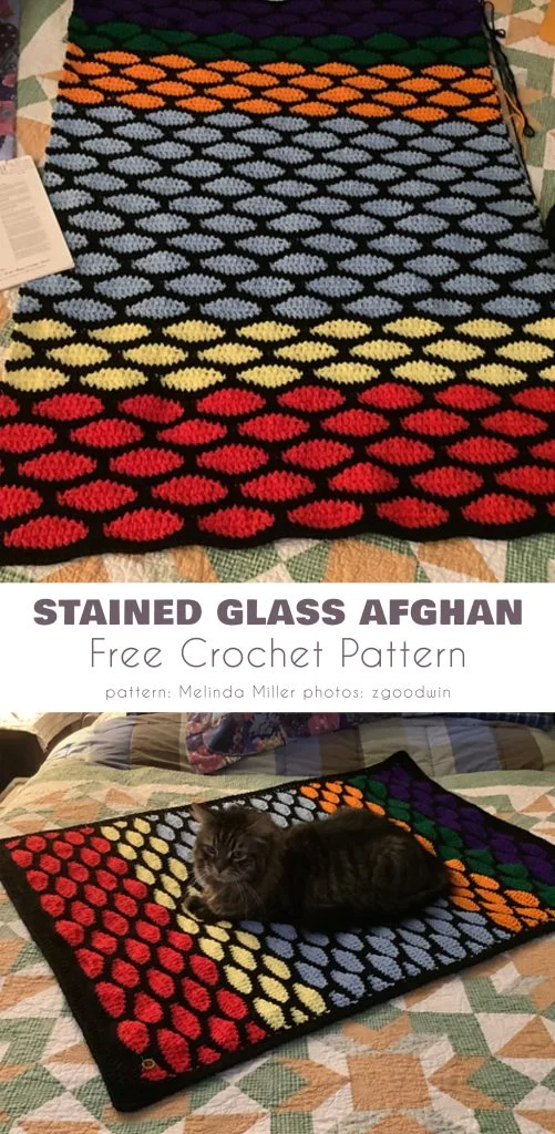A colorful crocheted afghan with a geometric stained glass pattern featuring mosaic square motifs is displayed on a bed; a cat lies on the blanket in the lower image.