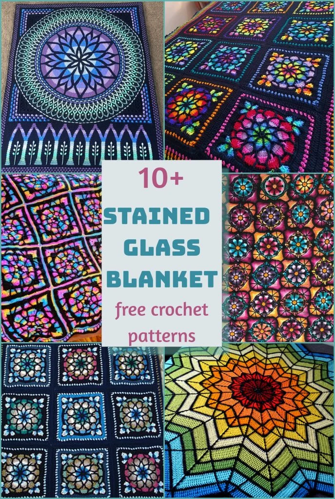 Colorful stained glass crochet blanket patterns featuring mosaic squares and bold contrasting outlines