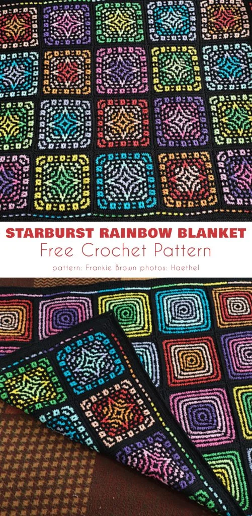 Crocheted blanket with multicolored starburst squares outlined in black, reminiscent of stained glass, titled โStarburst Rainbow Blanket.โ Free crochet pattern by Frankie Brown; blanket displayed on a patterned surface.