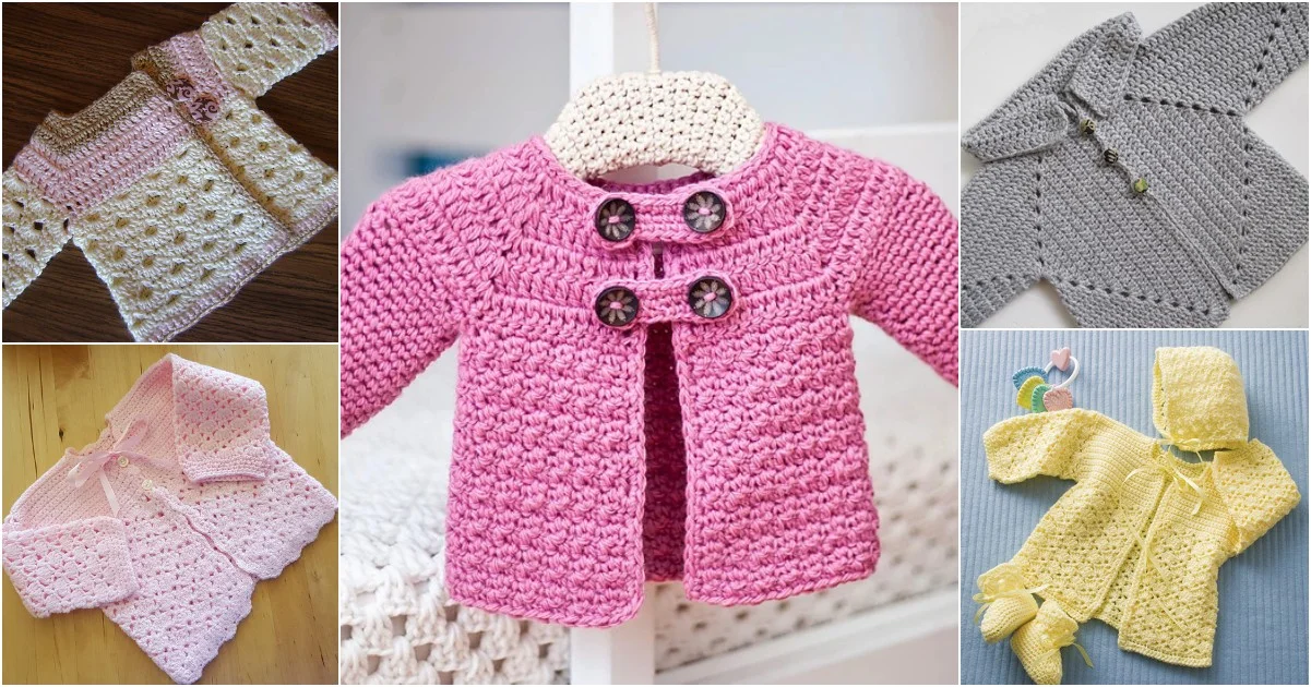 Collage of five crochet baby cardigans in various colors: pink, grey, yellow, and pink-white. Each cardigan showcases a unique baby jacket pattern with intricate stitch designs and button details.