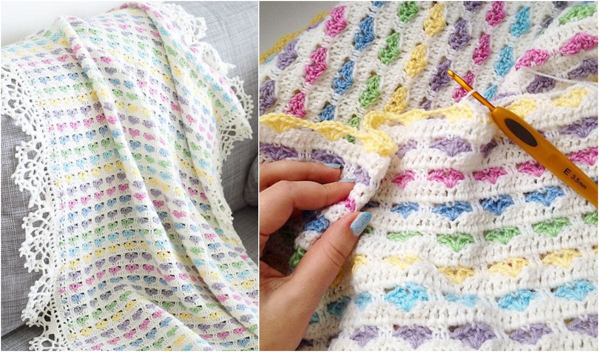 A close-up of a vibrant, textured crochet blanket with a lace edge draped on the couch, as a hand deftly works with a crochet hook, crafting patterns that feel both intricate and free.