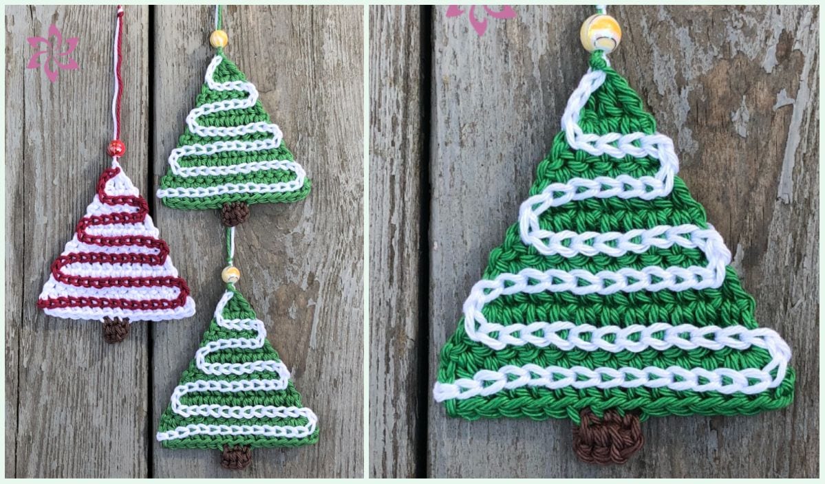 Three crocheted Christmas tree ornaments in vibrant red, green, and white yarn are displayed on a wooden surface. Discover the joy of crafting with free crochet patterns that bring a modern touch to your Xmas tree decor.