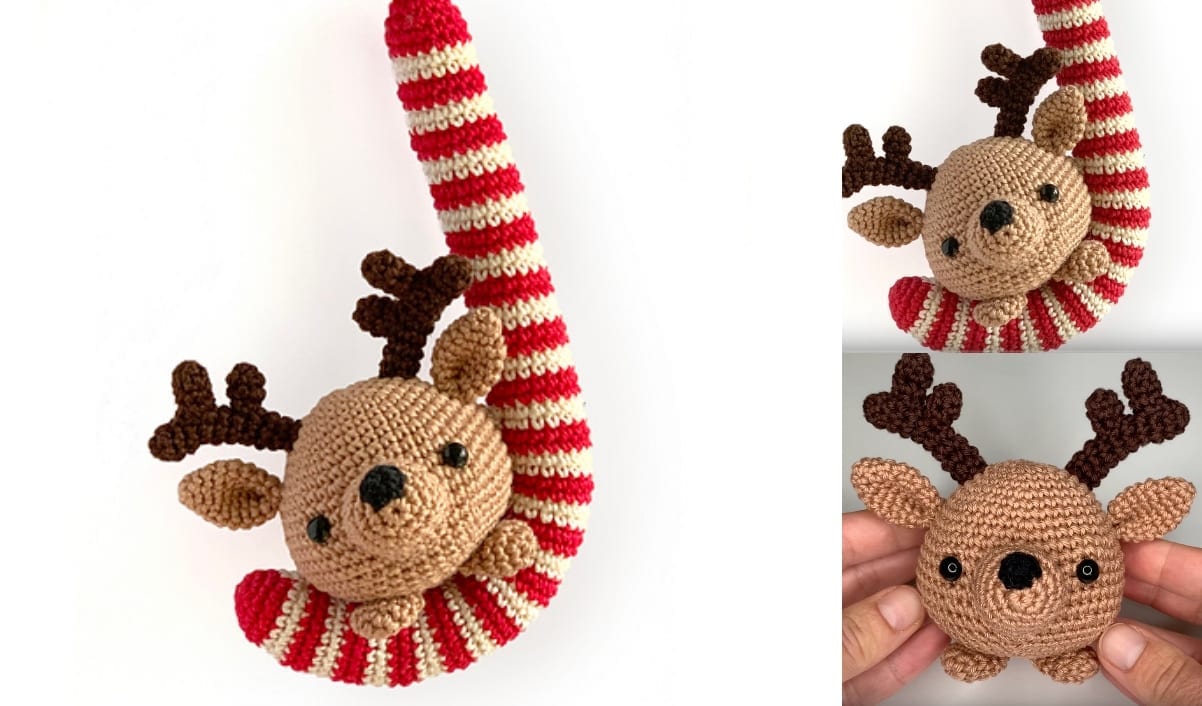 Crocheted reindeer with brown antlers, a round face, and a red and white striped candy cane tail. Perfect for those exploring crochet patterns!