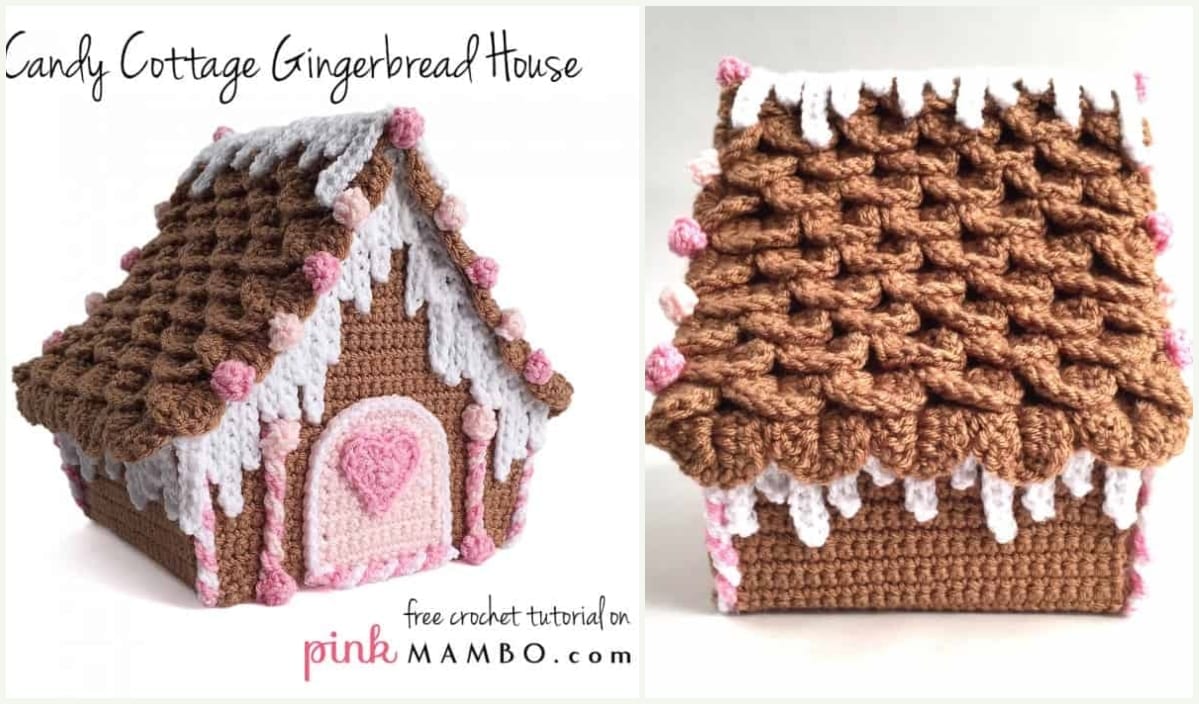 Crocheted gingerbread house with white icing and pink heart details. The roof boasts a textured brown design, perfect for winter decor. Text: "Candy Cottage Gingerbread House. Discover free crochet patterns and tutorials on pinkmambo.com.