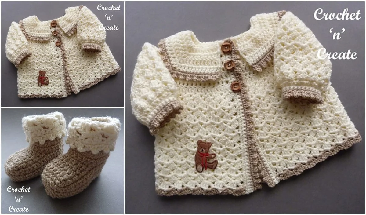 Discover a charming baby outfit with our crocheted cardigan and booties set in cream and brown, adorned with a teddy bear patch and wooden buttons. Ideal for those who love crochet patterns, this ensemble combines style and comfort for your little one.