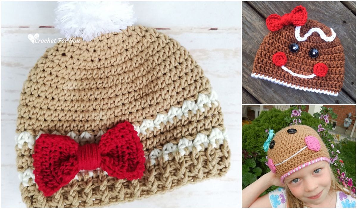 Explore these charming crochet designs: a hat with a red bow, another resembling a gingerbread face, and a third worn by a child, featuring button eyes and a red smile. Discover free crochet patterns for delightful creations like these that bring joy to any wardrobe.