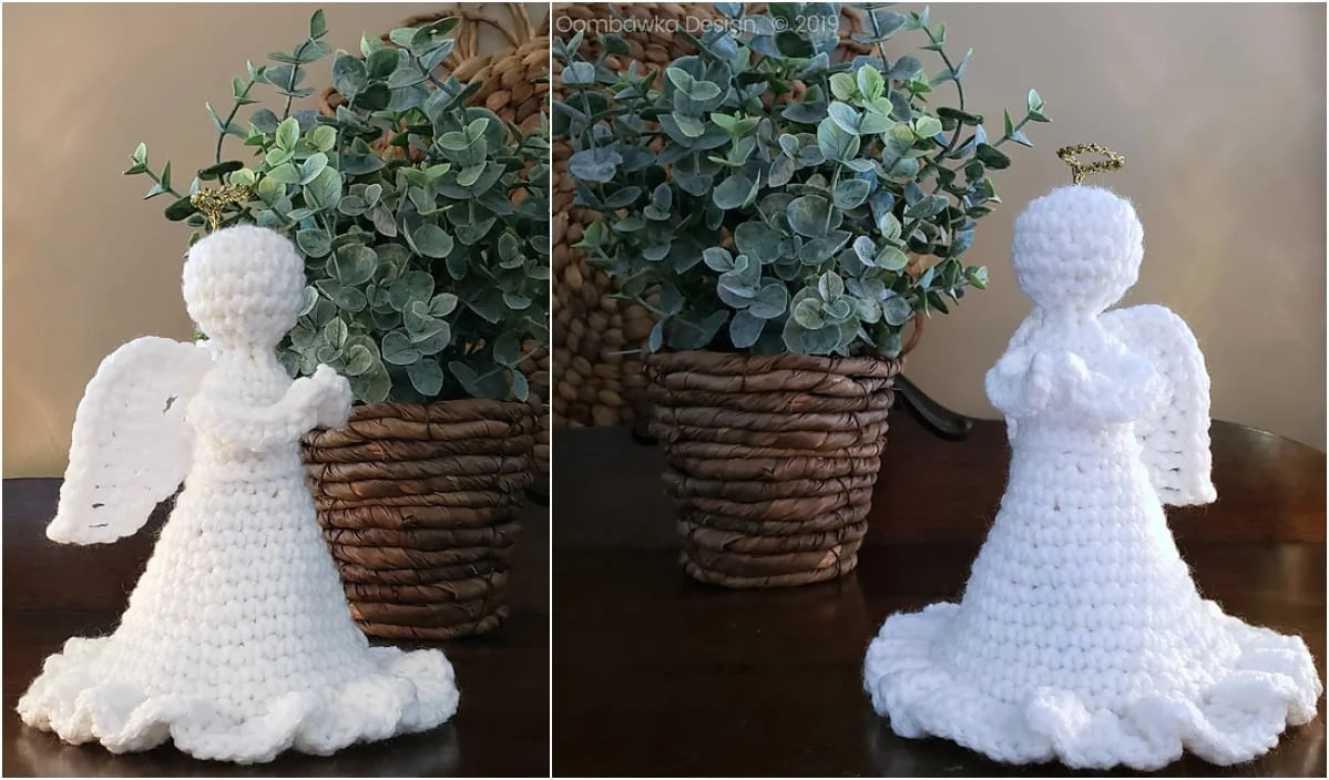 A heavenly angel, crocheted in white with delicate wings and a halo, graces the table next to a woven basket filled with greenery. This elegant piece could inspire your own creations with free crochet patterns.