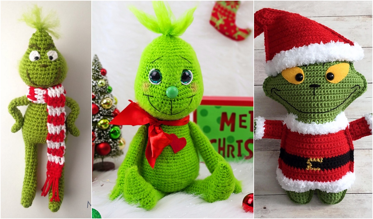 Three crocheted green figures with Christmas themes: one with a striped scarf, one with a red bow, and one dressed as Santa, displayed against decorative backgrounds. These charming creations bring to mind the whimsy of a Grinch free crochet pattern.