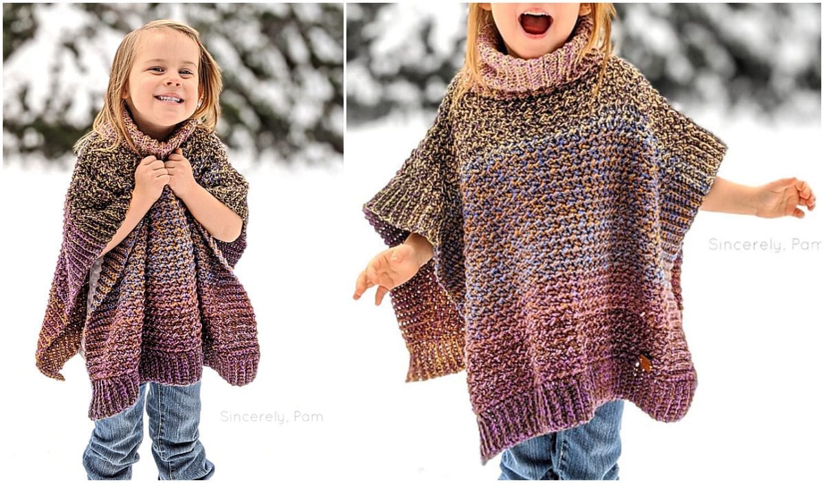 A child wearing a multicolored poncho with jeans, smiling outdoors, showcases the charm of vibrant crochet patterns.