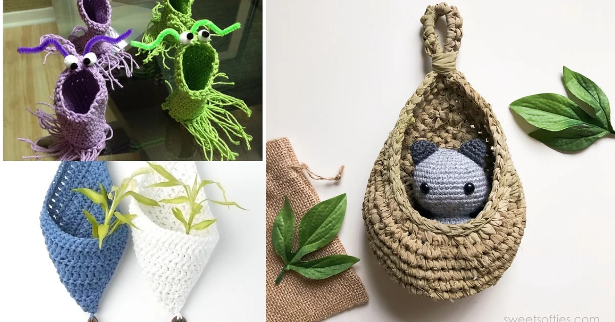 Crocheted plant holders in various designs, including animal-themed and potted plant styles, elegantly showcased with a hanging basket crochet pattern against a light background.