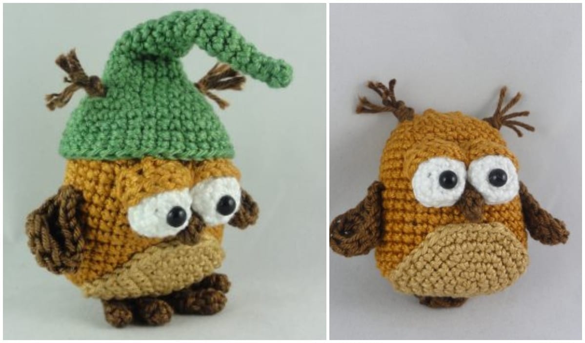 Two crocheted owl figures make charming tree ornaments: the first wears a green hat, while the second sports ear tufts. Both have large eyes and are in shades of brown, perfect for those who love free crochet patterns.