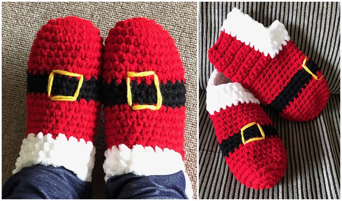 Crocheted slippers designed to look like Santa's boots, featuring red fabric, a black belt with a yellow buckle, and white trim. These festive Santa Slippers are perfect for holiday cheer and inspired by delightful crochet patterns.