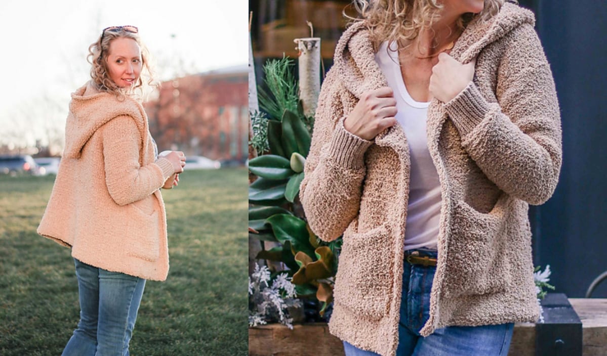 Two images of a person wearing a beige, textured hooded cardigan—one facing away from the camera, the other adjusting the cardigan. They're simply chillin' in an outdoor setting, showcasing their love for toasty sweaters.