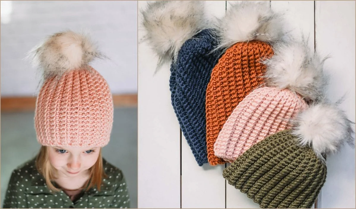 A girl wearing a pink knitted hat with a fur pom-pom admires four similar hats in navy, orange, pink, and green. Their intricate designs could easily inspire new crochet patterns or maybe even matching coin purses.