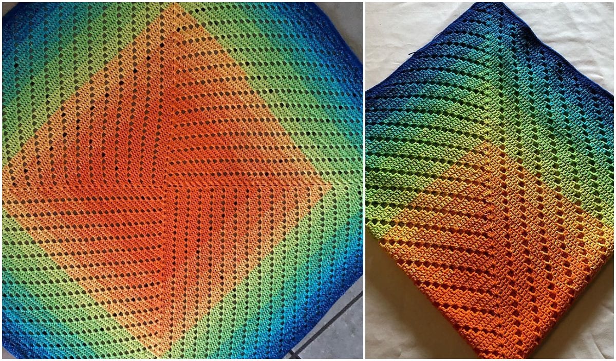 A vibrant crocheted blanket with a diamond pattern in shades of blue, green, yellow, and orange. This beautiful piece is an inspiring addition to any collection of crochet patterns and is displayed here flat and folded.