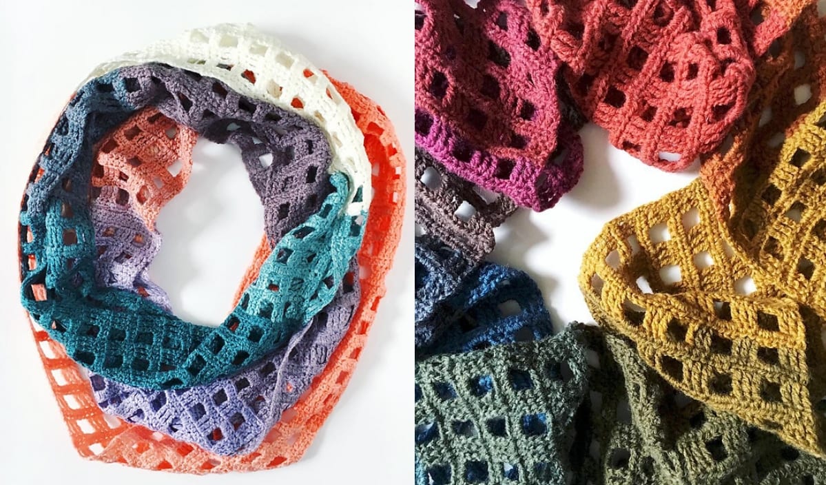 Multicolored, woven scarves with a grid pattern are displayed in two images: one features a circular arrangement reminiscent of a colorful infinity scarf, while the other showcases several colors spread out.