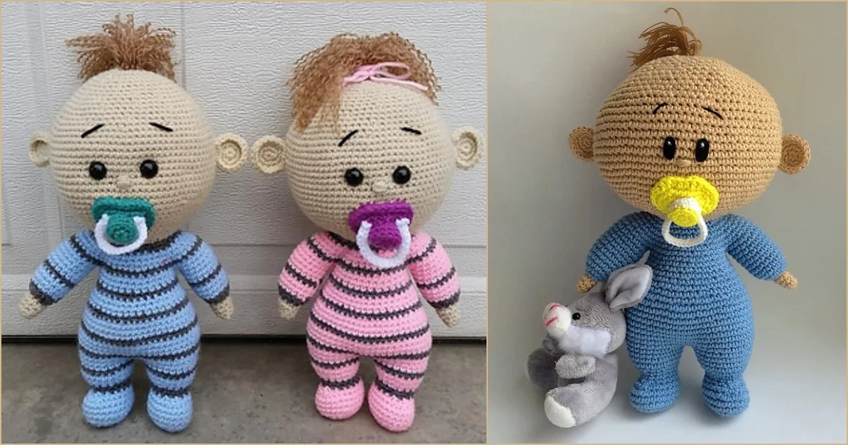 Discover our charming crocheted dolls with pacifiers, crafted in striped outfits of blue and pink. On the right, one baby doll, made from a free crochet pattern, holds a stuffed rabbit, adding a playful touch to this adorable trio.