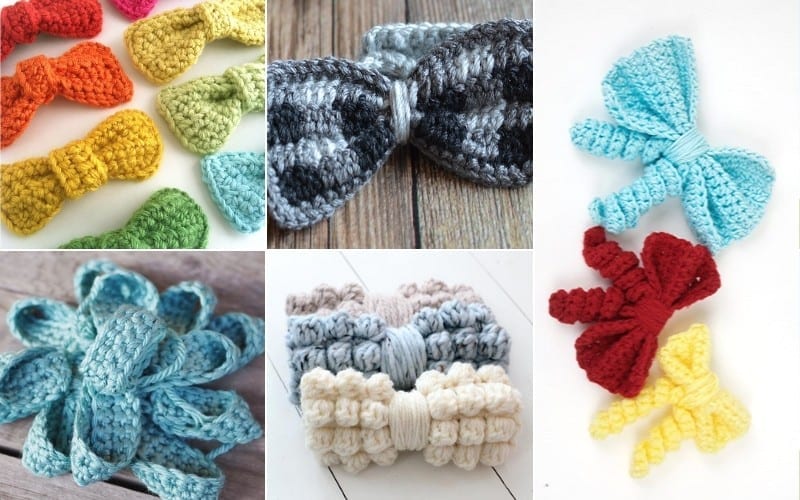 A collage of various crocheted gift bows in different colors and styles, including a rainbow assortment, a blue floral design, and monochrome patterns—perfect for adding charm to last-minute presents.