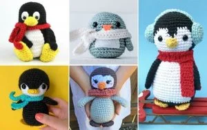 Five amigurumi penguin dolls, each with unique scarves or earmuffs, are showcased in various images, highlighting their charming patterns.