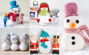 A delightful amigurumi collage featuring crocheted snowmen adorned with colorful hats and scarves, joined by two small crochet Santa figures and a charming reindeer, offering festive ideas for your holiday decor.