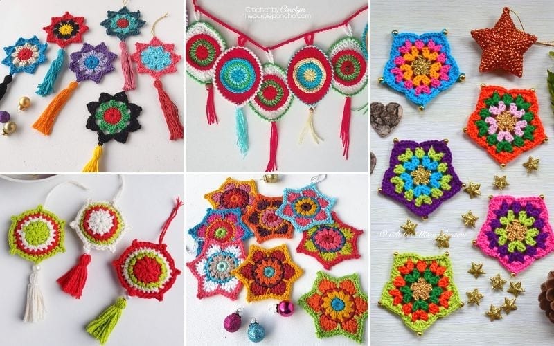 A collage of colorful crocheted star and flower patterns, each adorned with tassels or beads, exuding a boho style, displayed on a light background.