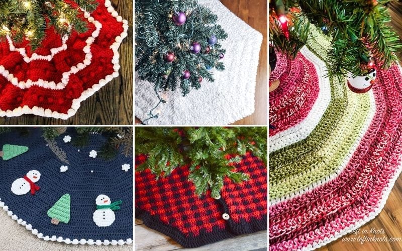 Collage of five crochet tree skirts in various colors and patterns, featuring stripes, checkered motifs, and festive holiday-themed designs with snowmen and trees.