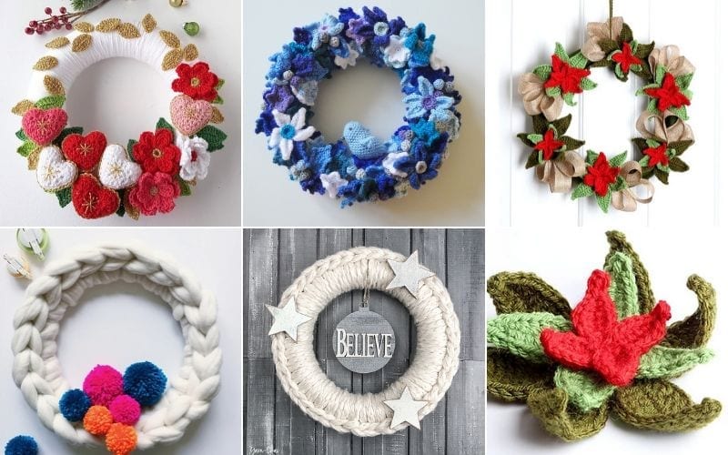 A collage of six handmade wreaths showcases diverse materials and styles, from flowers to crochet wreath patterns, adorned with pom-poms and stars. Embrace the spirit with the word "Believe.