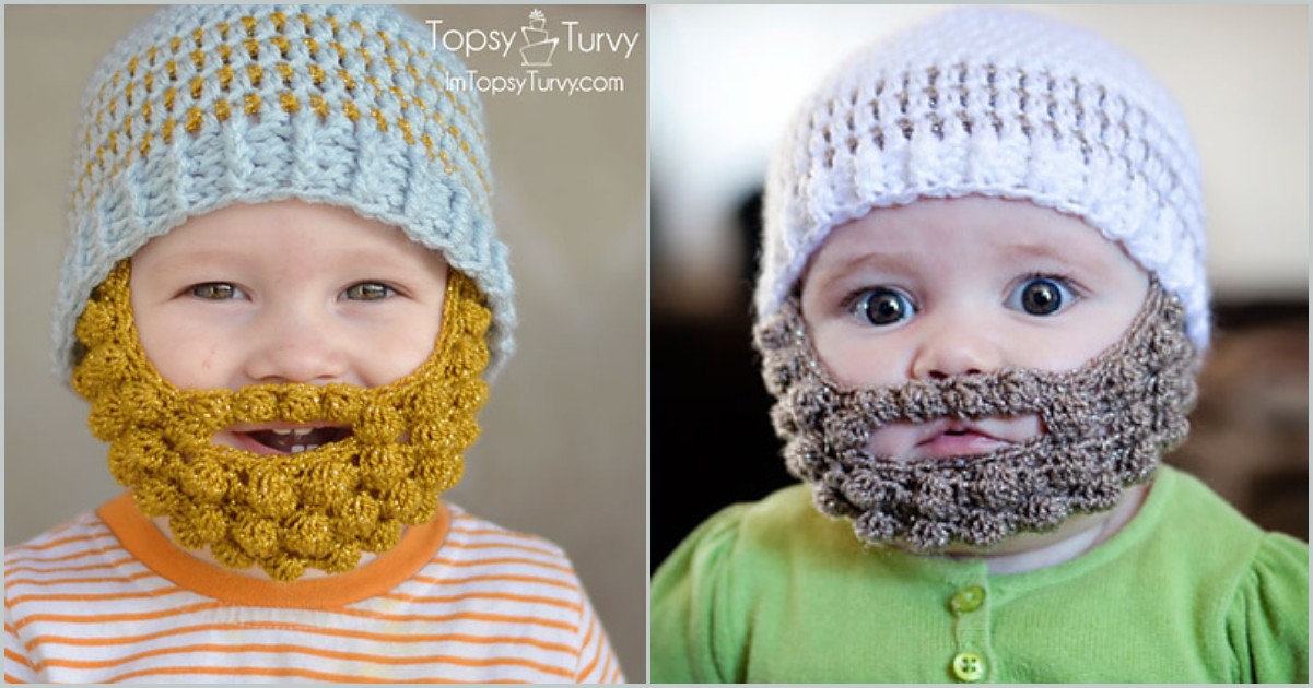 Two babies sporting crocheted beanies with attached yarn beards, one in yellow-brown and the other in gray, showcase charming free crochet patterns.