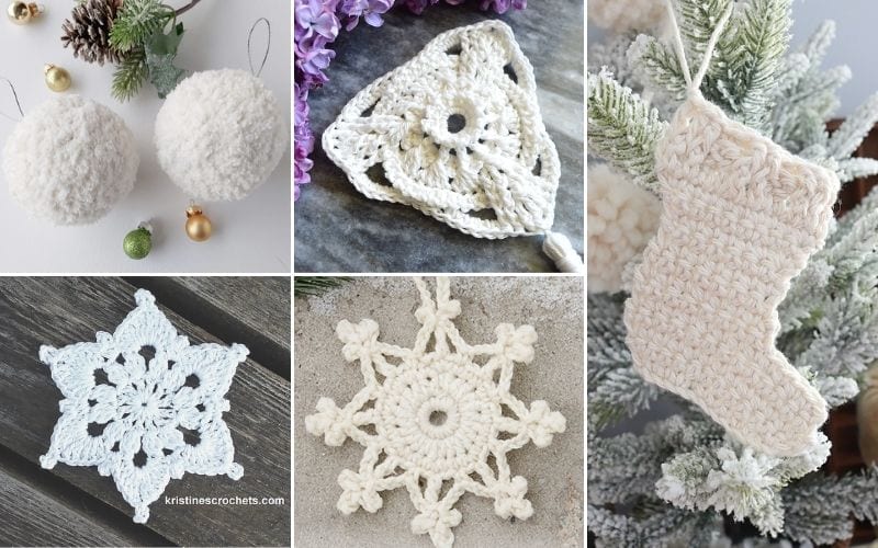 A collage of five boho-style crochet ornaments: two spheres, a triangular piece, a stocking, and two snowflakes, all crafted with various shades of white yarn.