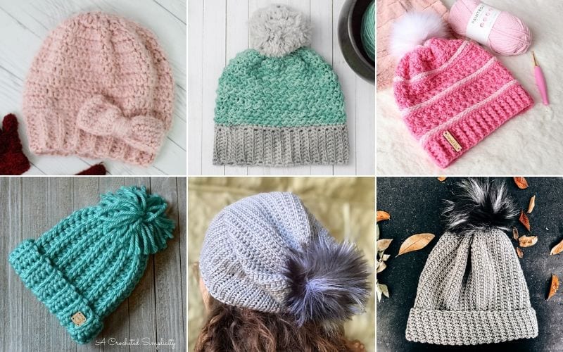 A collage of six crocheted winter hats in different colors and designs, featuring pom-poms and detailed stitching.