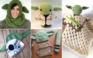 A collage of crocheted items inspired by a popular sci-fi character, featuring Yoda hats, scarves, a plush toy, and a blanket. Perfect projects for fans with a love for both crochet and the galaxy far, far away!