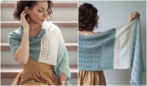 A person wearing a brown dress models a rectangular shawl, knitted in two shades of blue and white, featuring a lace pattern.