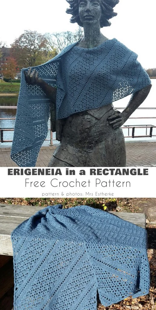 A blue crocheted rectangular shawl is draped on a statue and displayed on a wooden bench, showcased as part of a free Rectangular Shawl crochet pattern advertisement.
