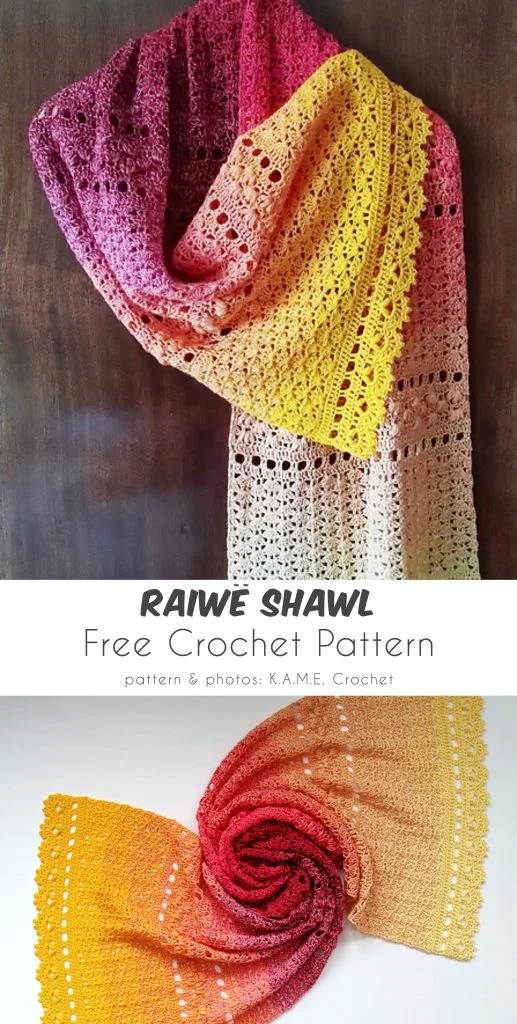 A beautifully crocheted rectangular shawl in a gradient of reddish-purple, pink, yellow, and orange tones is displayed both hung and laid flat. Text reads: "RAIWร SHAWL Free Crochet Pattern.