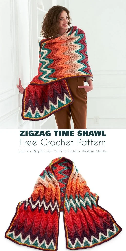 Woman wearing a colorful zigzag-patterned rectangular shawl; below is a close-up of the crochet shawl laid flat, showing chevron stripes in red, orange, yellow, teal, and white.