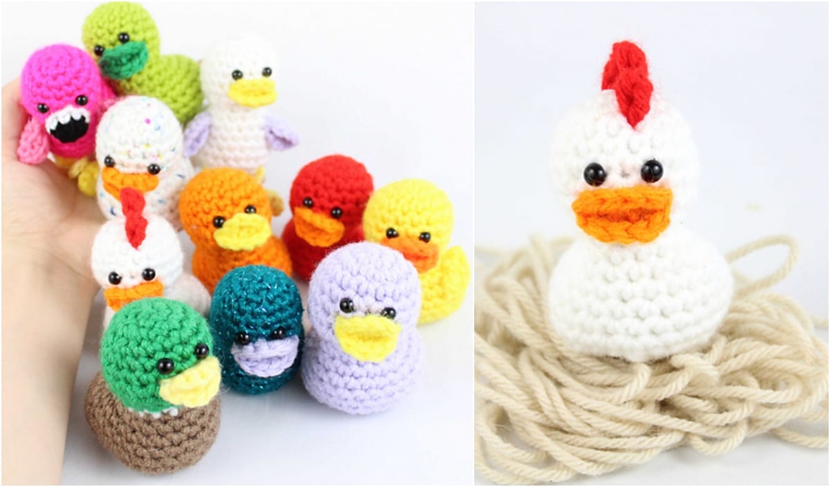 A collection of crocheted birds in vibrant colors sits on the left, showcasing intricate crochet patterns, while a small white chicken with a red comb perches on rope to the right, bringing an Easter charm to the display.