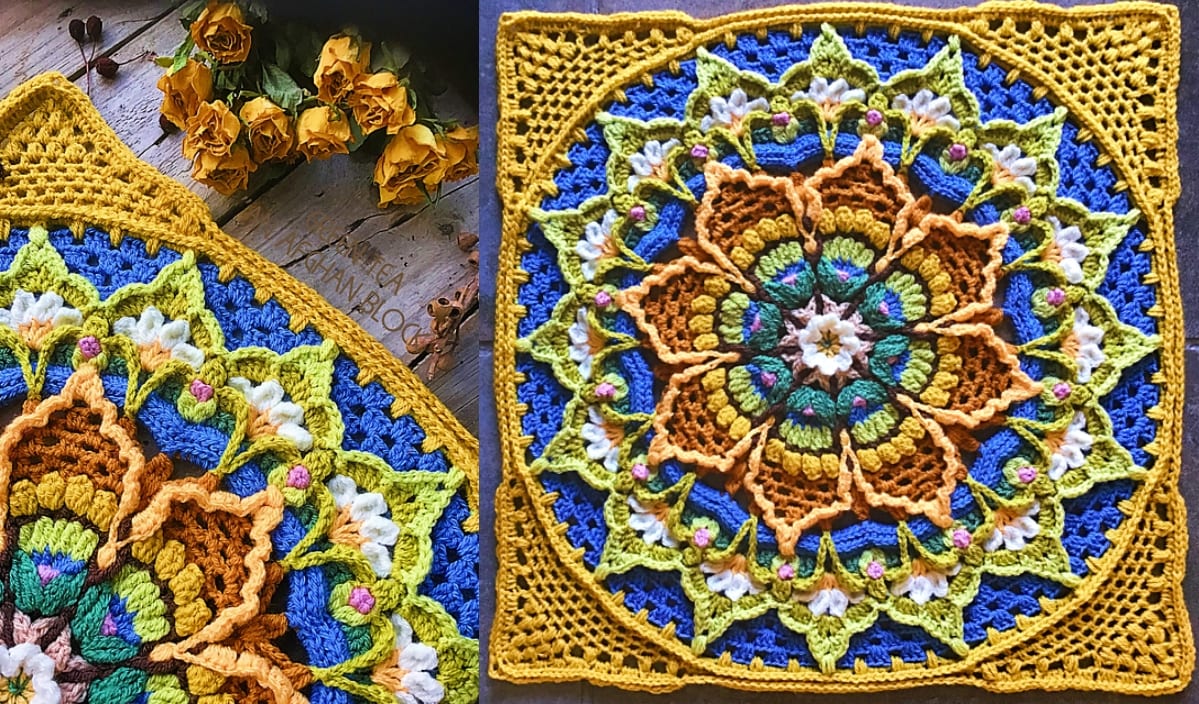 Two close-up images of a beautiful, colorful crocheted mandala pattern, featuring blue, yellow, green, and brown tones. Yellow roses sit nearby on a wooden surface, hinting at the inspiration for flower afghans or free crochet patterns.