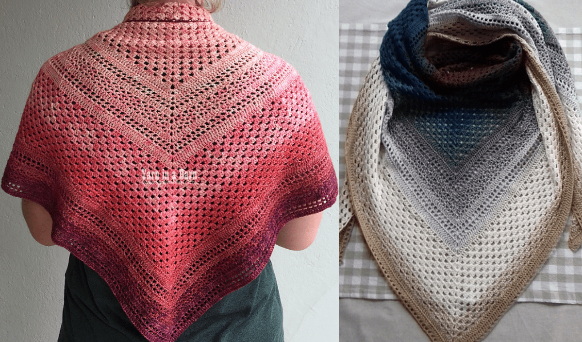 Two crochet triangle shawls: one in shades of pink and purple worn by a person, and the other in blue and beige hues laid on a checkered surface. Dive into easy peasy creations with free crochet patterns to recreate these charming designs.