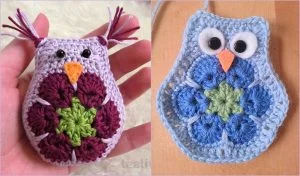 Two delightful crocheted owl designs: one, a purple and burgundy crochet purse nestled in a hand; the other, a blue and green creation perched on a surface. Both showcase big eyes and triangular beaks.