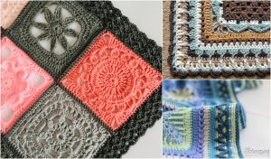 Crochet blanket squares in various patterns and colors, including coral, gray, and pastel hues, with intricate crochet blanket edging arranged in a stunning collage.