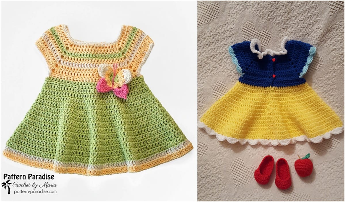 Two charming crocheted baby dresses await: a green one adorned with a pink butterfly, and the other in yellow and blue, complete with matching shoes. These darling outfits make perfect Butterfly Kisses for any little one's wardrobe.