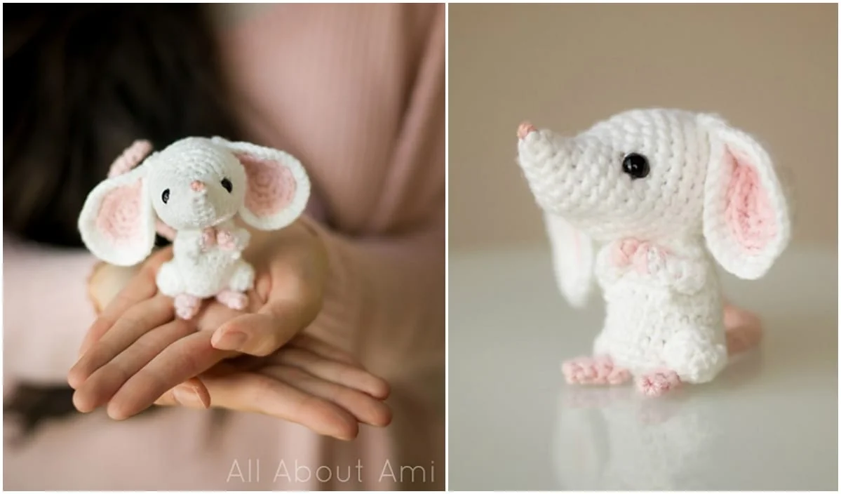 This crocheted mouse, crafted from delightful free crochet patterns, features large ears and pink details. Held in hands on the left and shown in detail on the right, it's a charming creation perfect for any crochet enthusiast.