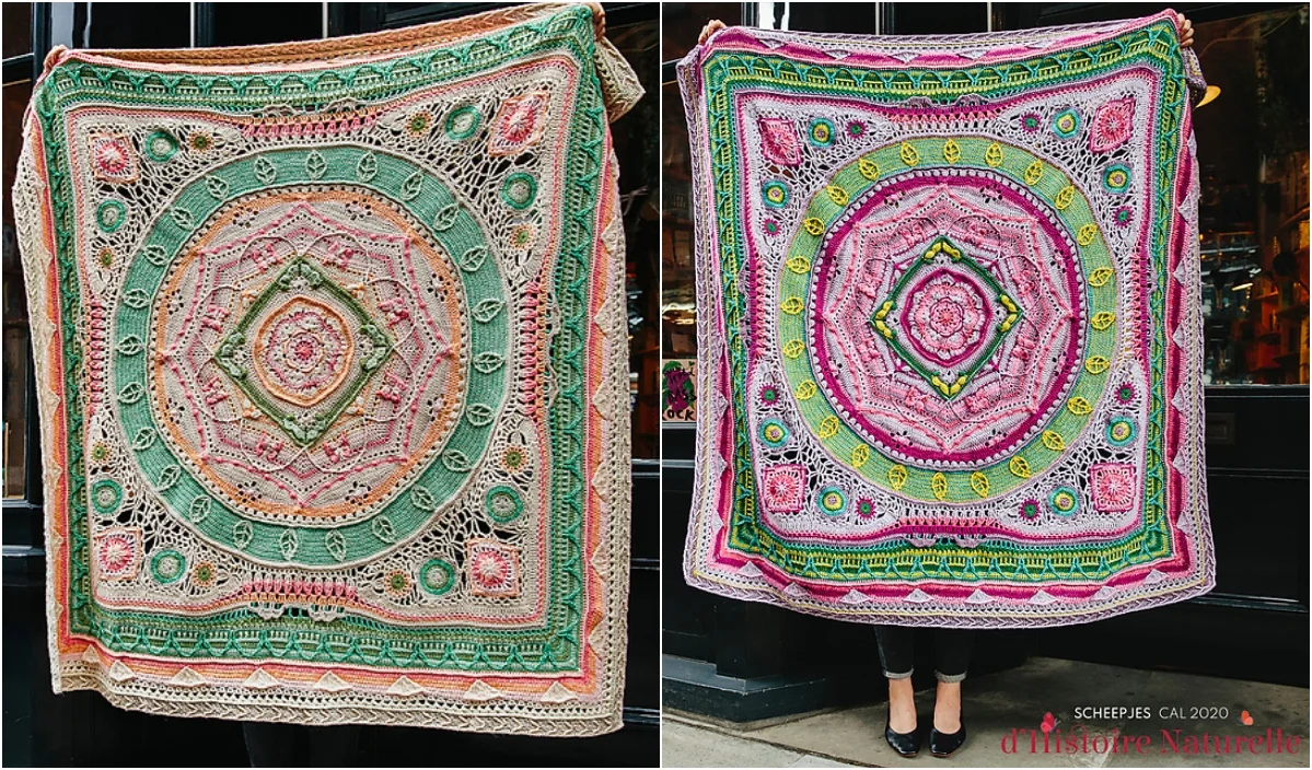 Two intricately crocheted multicolored blankets on display, featuring geometric patterns and circular designs, reminiscent of popular crochet CALs challenges.