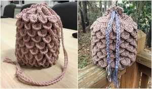 Two images showcase a knitted drawstring bag with a textured, scalloped pattern. This charming purse features a pink color on the left and a blue accent on the right, set in an outdoor scene. Perfect for those who appreciate intricate crochet patterns.