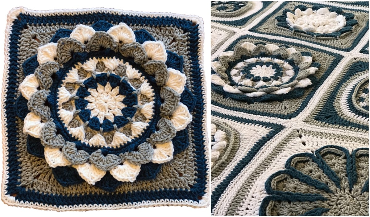 Crocheted squares with floral patterns in blue, gray, and white yarn are displayed side-by-side, forming a stunning Floral Afghan. This quilted layout showcases exquisite crochet patterns perfect for those seeking free crochet patterns to craft their own masterpiece.