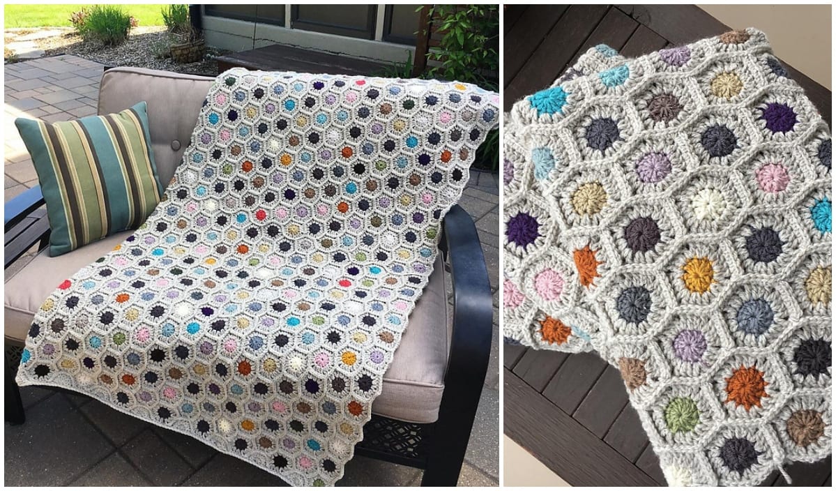 Crocheted hexagon blanket with vibrant crochet patterns featuring colorful spots, displayed on a patio couch and folded on a wooden table.