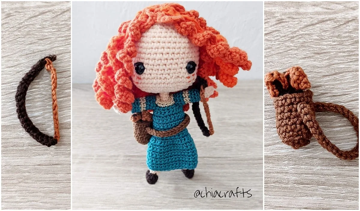 This charming crocheted doll, perfect for Valentine's Day, features curly red hair and wears a blue dress while holding a bow and arrow. Close-up images reveal intricate details of the bow and an empty quiver, showcasing fine craftsmanship.