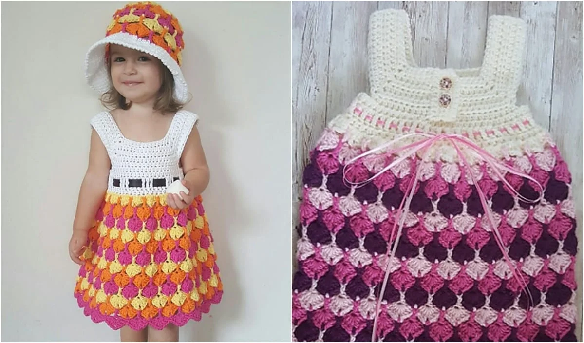 A child in an adorable crochet dress and matching hat stands smiling, showcasing the intricate details of this baby dress.