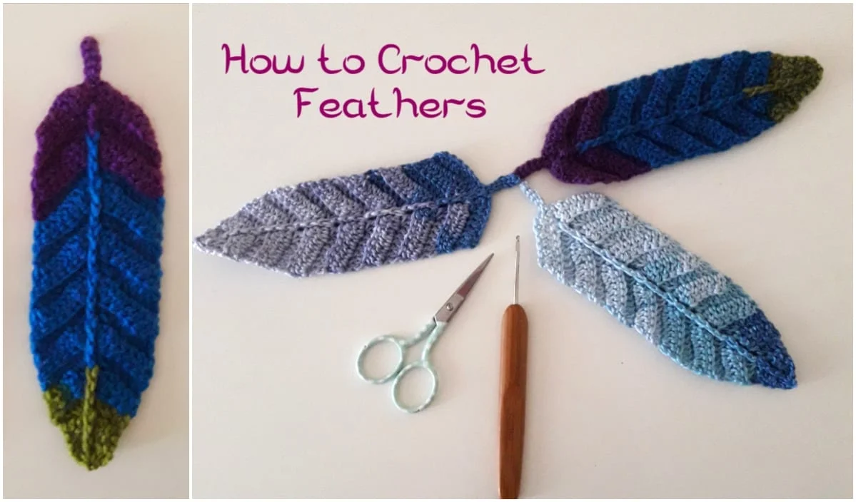 Crocheted feathers in blue and purple with the text "How to Crochet Amazing Feathers." Scissors and a crochet hook rest beside these stunning creations, the perfect introduction to free crochet patterns.