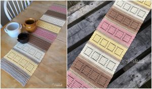 A crocheted table runner with stripes in beige, yellow, pink, and brown graces a wooden table. Beside it, white and brown teapots create a charming scene that hints at the inspiration found in free crochet patterns.